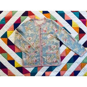 Reversable Quilted Floral Collarless Button Front Jacket